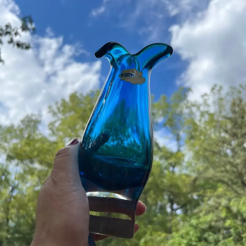 Vintage Capri Blue Case Glass Vase Czech Bohemian Sommerso Hand Blown Art - Picture 5 of 10